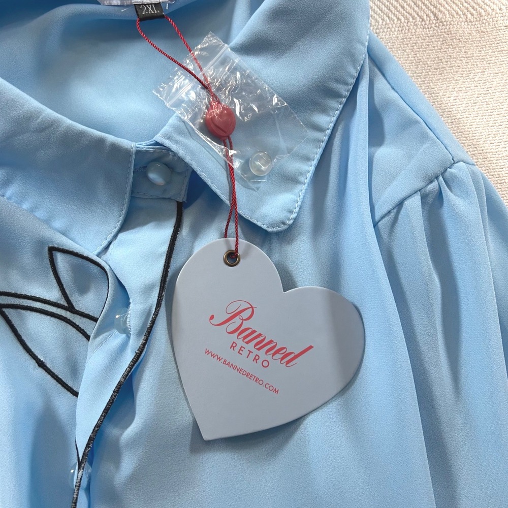 NWT Banned Retro Blue Rabbit Button Down Blouse 2XL Vintage Style Rockabilly - Picture 7 of 7